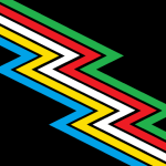 Et zigzag-design med kraftige striber i blå, gul, hvid, rød og grøn på en sort baggrund, som repræsenterer Disability Pride-flaget.