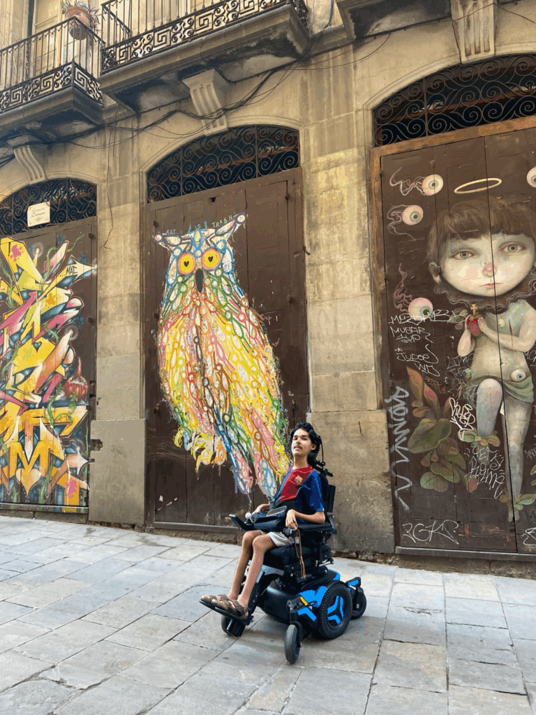 En person i en el-kørestol bevæger sig langs en gade med farverig urban kunst, herunder en stor, livlig ugle og et pigeansigt malet på bygningsdøre. Omgivelserne er urbane med gammel stenarkitektur.
